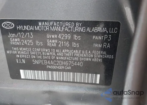 2013 Hyundai Sonata Gls z USA, uszkodzony, nr VIN 5NPEB4AC2DH675440